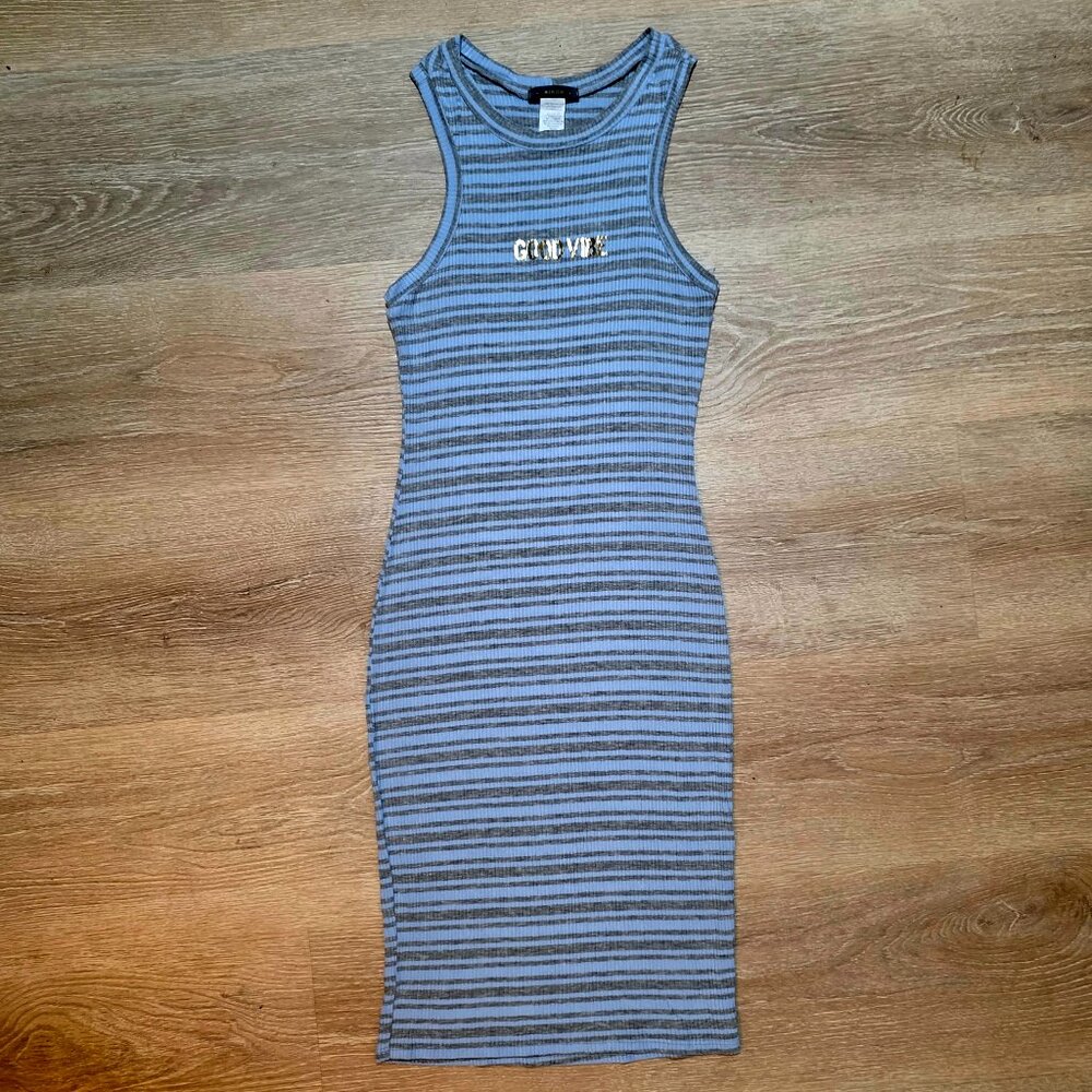 Ribbed Blue & Gray Striped Midi Dress w/Crew Neck - "GOOD VIBE" in Bold Gold!
